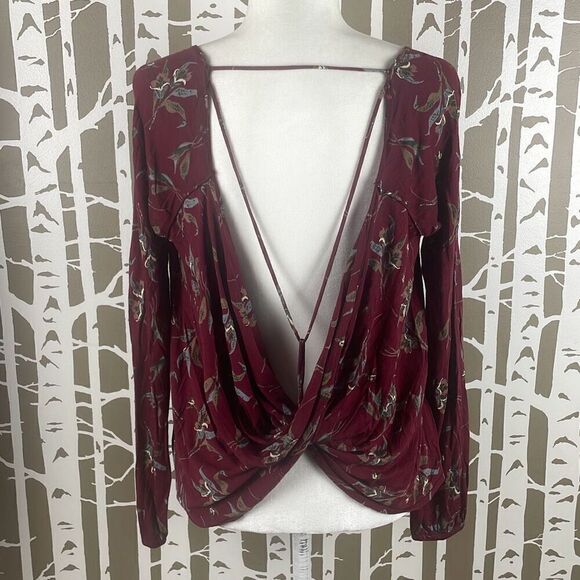 Free People Tops - Free People Burgundy Floral Print Open Draped Back Long Sleeve Top S